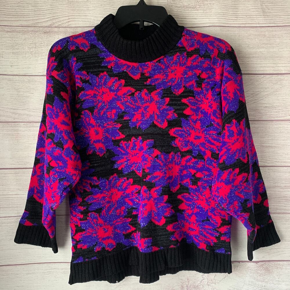 Vintage Floral Sweater Mock Turtleneck 80s 90s Neon Pink Purple Glitter Retro